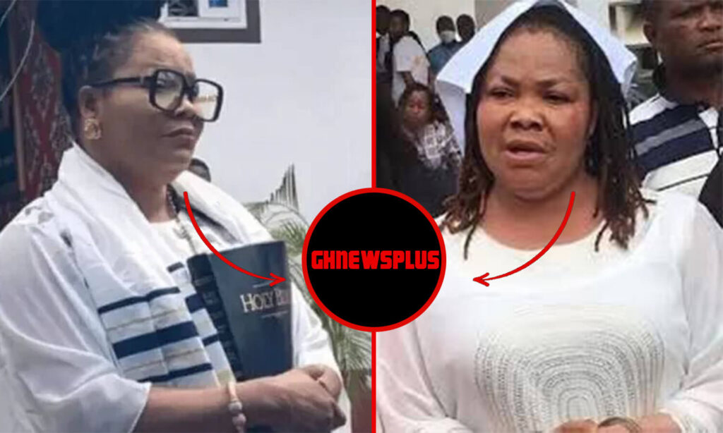 *Alt Text:* Side-by-side image of Evangelist Patricia Asiedua, also known as Nana Agradaa, holding a Bible on the left and dressed in white with a headscarf on the right, amid reports of her 15-year prison sentence.