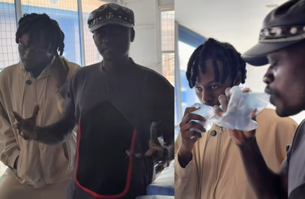 LilWin and Kweku Flick spotted drinking Pointed Ice mineral water as they promote the new brand launch in Kumasi.